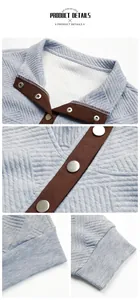 Close-up of light blue quilted texture fabric with brown placket and metal snaps