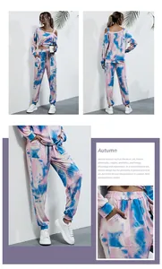Detail of off-shoulder tie-dye tracksuit with side pockets and elastic waist design
