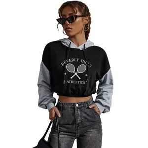 Women's cropped color block hoodie with Beverly Hills print in black and gray