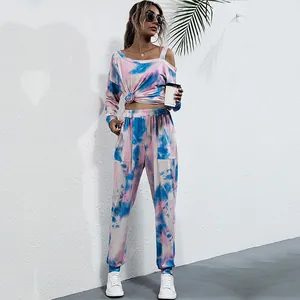 Women's Fashion Tie-Dye Printed Off-Shoulder Long Sleeve Top And Bottom Comfortable Casual Polyester Cotton Two-Piece Lounge Set