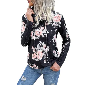 Sweat à capuche noir pour femme avec imprimé floral élégant et manches longues