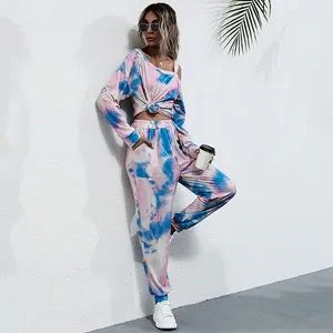Women's pink and blue tie-dye two-piece set with off-shoulder long sleeve top and joggers