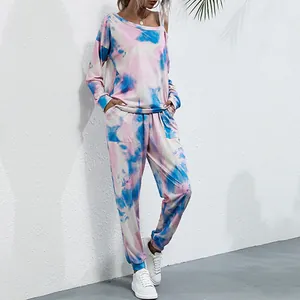 Women's pink and blue tie-dye two-piece set with off-shoulder top and matching joggers