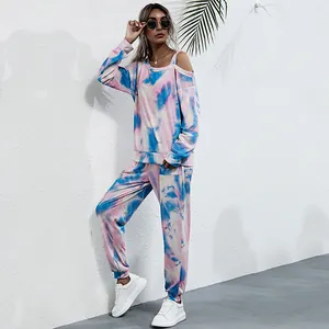 Chic pink and blue tie-dye two-piece set with off-shoulder long sleeve top and joggers