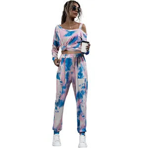Women's pink and blue tie-dye two-piece set with off-shoulder top and pocket jogger pants