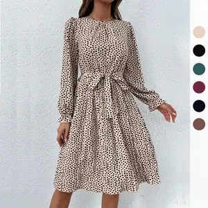 Vestito Midi Plissettato Elegante da Donna con Stampa Leopardata Manica Lunga Girocollo Vita con Lacci Manica a Campana Stampato in Chiffon