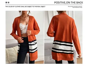 Front and back view of long-sleeve orange knit cardigan with black and white stripes