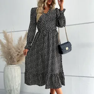 Abito Midi Vintage Francese Scollo a V Manica Lunga Stampa a Cuore Elegante Orlo con Volant Vita Alta Donna
