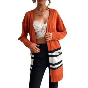 Women's autumn striped knit cardigan in orange and black with pockets and open front