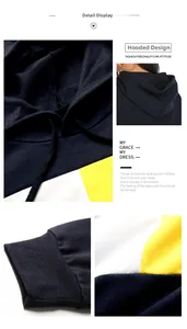 Detail view of contrast color hooded sweatshirt featuring drawstring and ribbed cuffs