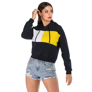 Women Color Block Hooded Sweatshirt Cotton Blend Long Sleeve Cropped Hoodie Streetwear Casual Loose Pullover Top