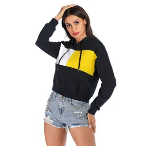 Women's color-block hooded sweatshirt in navy, white, and yellow with loose fit
