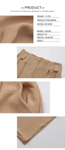 Detailweergave van kaki broek met hoge taille, stoftextuur, zakken en afwerking van de zoom