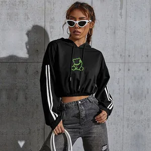 Black hooded sweatshirt with neon green bear print and white stripes on sleeves