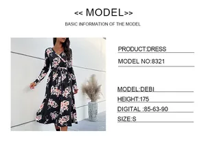 Detail view of V-neck floral midi dress on model with sizing info and product code 8321