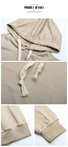 Detail view of khaki hoodie showing drawstring hood, knot accents, and ribbed elastic cuffs