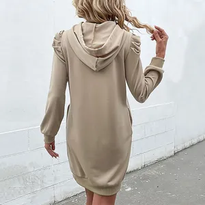 Women's solid khaki long-sleeve hoodie dress featuring stylish puff shoulders and side pockets