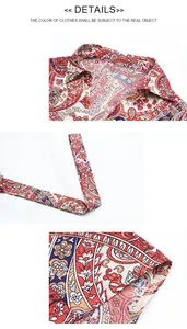 Dettaglio dell'abito con stampa paisley, cintura in vita, colletto e motivi etnici