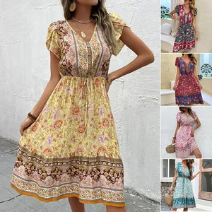 Damen Böhmisch Blumenmuster V-Ausschnitt Midi-Kleid Schmetterlingsärmel Verstellbarer Kordelzug Taille Sommer Strand Freizeitkleid