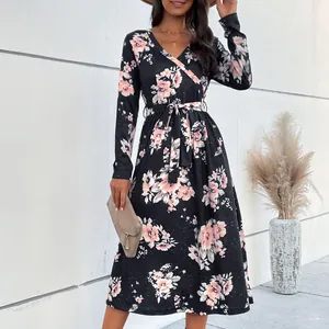 Women Elegant V Neck Long Sleeve Floral Midi Dress With Pockets Tie Waist A Line Polyester Print Autumn Casual Dress