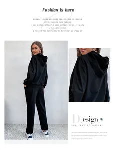 Detail of black two-piece casual tracksuit with drawstring hoodie and jogger pants