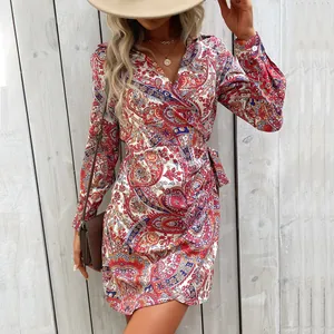 Vestito a Portafoglio Donna Stampa Paisley Boho Sexy Scollo a V Manica Lunga Vita Alta Mini Abito Poliestere Vintage Stile Etnico Festa