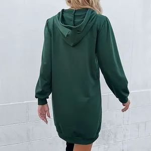 Deep green hooded sweatshirt dress for women featuring a longline loose fit and ribbed cuffs