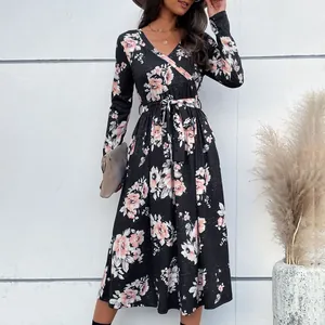 Elegant long sleeve wrap V-neck floral midi dress with high waist tie in black and pink
