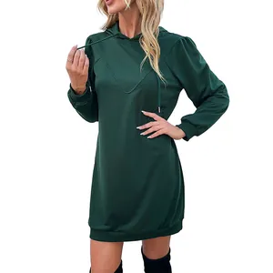 Women's dark green long sleeve hooded sweatshirt dress with V-shaped stitching and ribbed cuffs