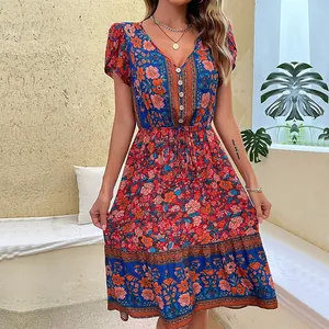 Boho-Sommerkleid mit V-Ausschnitt, Blumenmuster in Blau-Orange und elastischer Taille
