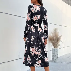 Elegant floral V-neck long sleeve midi dress for women featuring a slim fit and high waist
