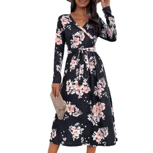 Women's V-neck long sleeve floral wrap midi dress with waist tie on black background