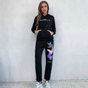 Women Hooded Sweatshirt Top And Bottom Casual Long Sleeve Printed Butterfly Sporty Tracksuit Outfit