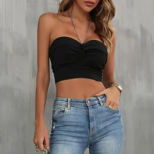 Damen Sexy Neckholder Kette Crop Top Gerafft Rückenfrei Slim Fit Rippstrick Tube Top Mode Party Schwarz Top