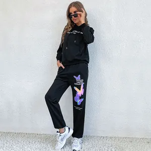 Women's black tracksuit with colorful gradient butterfly print and hoodie top