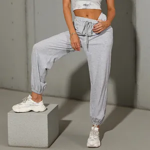Women high waisted light grey joggers with drawstring waist and elastic cuffs