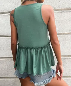 Rear view of women's dark green sleeveless peplum top with soft ruffled hem detailing