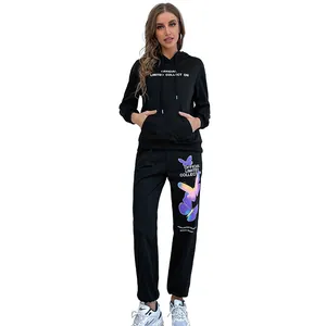 Women black hooded tracksuit with purple butterfly print and elastic cuffs 2-piece set