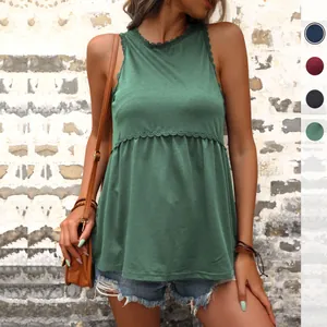 Top Babydoll Décontracté sans Manches pour Femmes Bordure en Dentelle Patchwork Col Rond Ourlet Plissé Débardeur d'été Couleur Unie Blouse Large