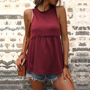 Haut babydoll sans manches bordeaux pour femme avec bordure en dentelle et style d'été