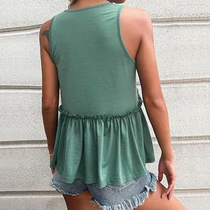 Women's summer V-neck sleeveless knit top with ruffle hem in sage green back view
