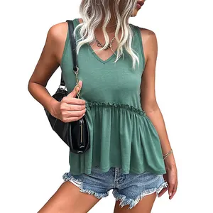 Women's V-neck sleeveless peplum top in bean green with ruffle hem and knit texture