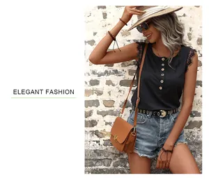Détail d'un haut noir sans manches avec dentelle et short en jean vintage chic