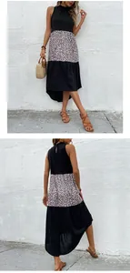 Front and back view of a summer halter neck leopard print patchwork midi dress