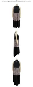Three-view layout of sleeveless halter dress featuring black and leopard print panels