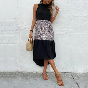 Summer sleeveless halter dress featuring leopard print patchwork and black tiered skirt