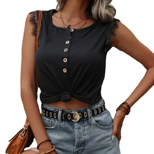 Débardeur noir femme avec dentelle, boutons v-neck et nœud décoratif à la taille en bas