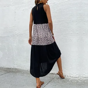 Women's halter neck sleeveless leopard print patchwork summer dress with tiered design