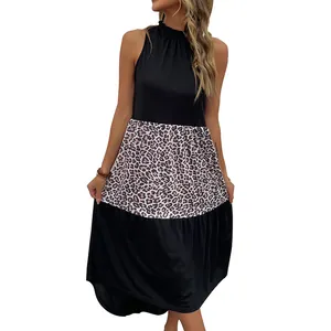 Sleeveless halter leopard patchwork midi dress with ruffle neckline for summer style