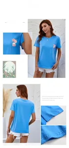 Detailed views of royal blue women's t-shirt showing cartoon print and sewing quality